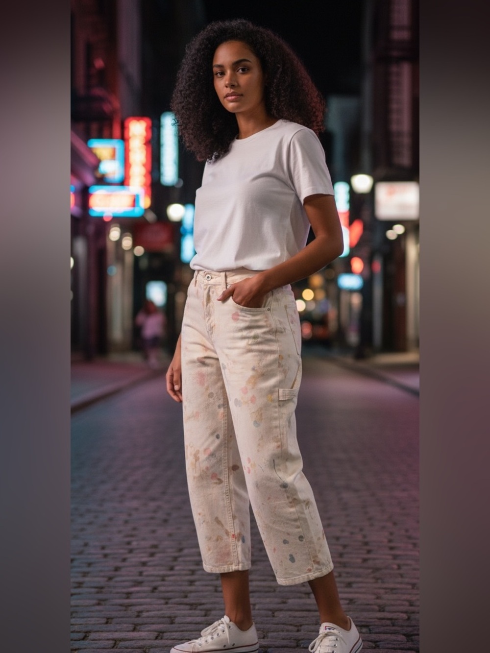 American Eagle Outfitters Cream Wide Leg Jeans with Multicolor Paint Splatter
